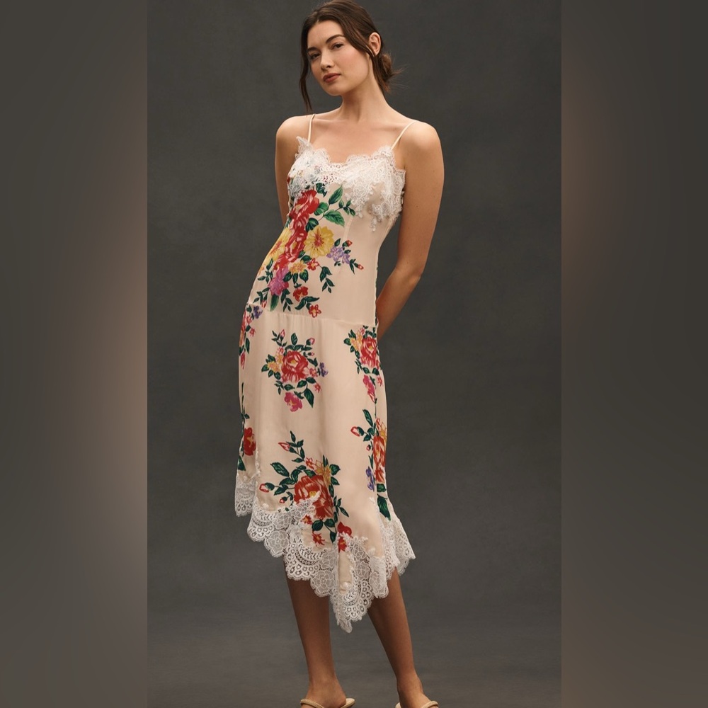 Anthropologie Cream Floral Lace-Trim Slip Dress